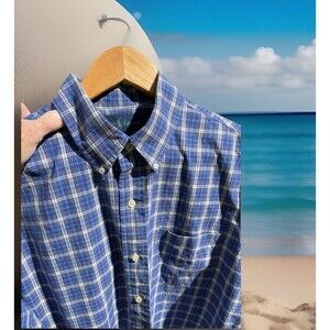 Vintage Ralph Lauren Button Down Shirt Blue Plaid Cotton Hong Kong Mens Large